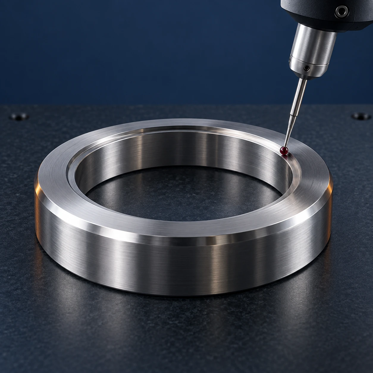 Concept rendering of a measuring probe inspecting a machined valve seat ring