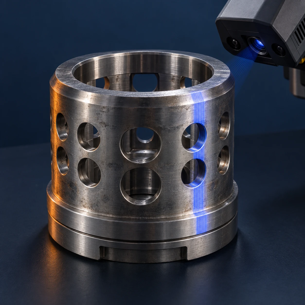Concept rendering of an optical scanner measuring a worn metal valve trim cage