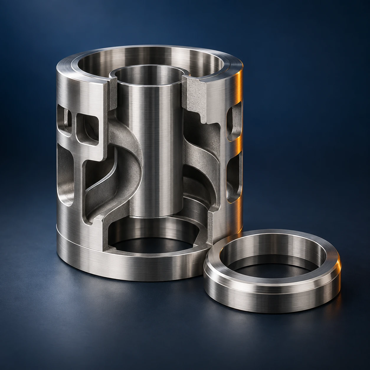 Concept rendering of a metal valve trim cage with internal flow channels exposed